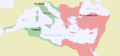 Map of the Byzantine Empire around 550. Green indicates the conquests during the reign of Justinian I.