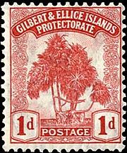 1911 stamp of the Gilbert and Ellice Islands protectorate, representing a Pandanus tectorius tree.