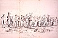 These convicts are in a w:chain gang, near Sydney. Guards are watching over them. Dated 1842.