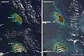 Satellite images of Antigua and Barbuda from August 21, 2017, and September 8, 2017, illustrating the damage caused by Hurricane Irma to Barbuda. The browning of the island was a result of extreme wind damage to foliage and desiccation of vegetation due to sea spray.