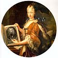 Oval portrait of Elisabeth pointing to a drawing of Philip V by Miguel Meléndez