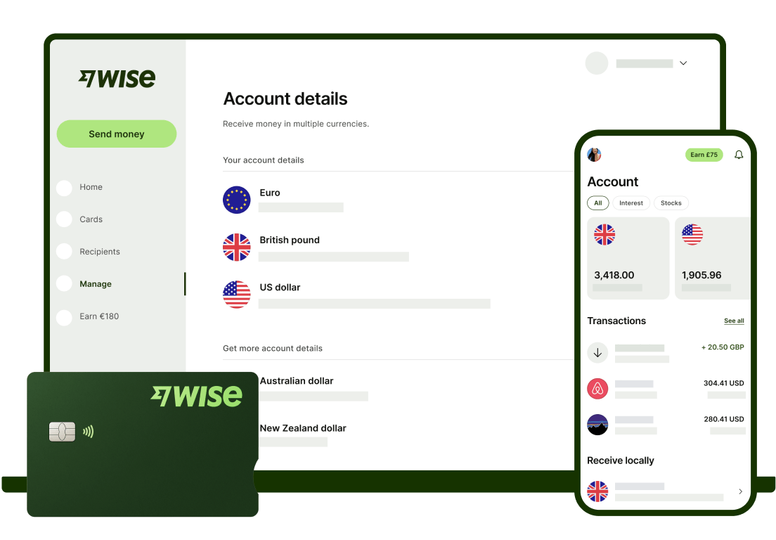 Image of Wise on a dekstop, mobile and the Wise card
