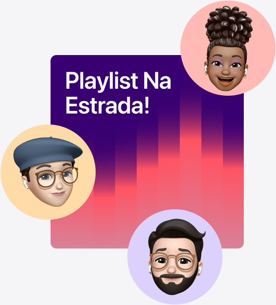 Arte de capa de uma playlist colaborativa chamada de Playlist na estrada cercada por vários emojis.