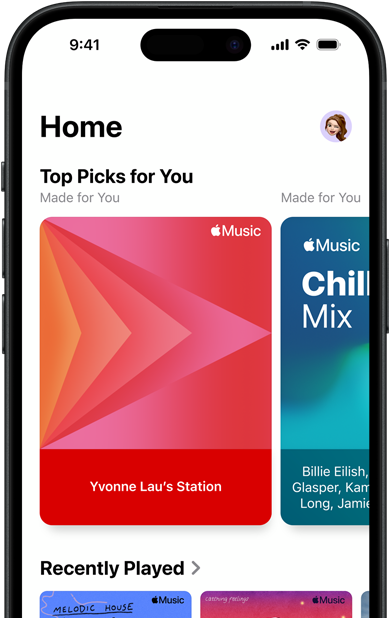 Apple Music Home tab screen on iPhone, Top Picks for You carousel showing Jenny Court's personalised stations and playlists