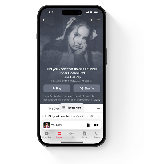 iPhone showing Apple Music UI featuring Lana Del Rey