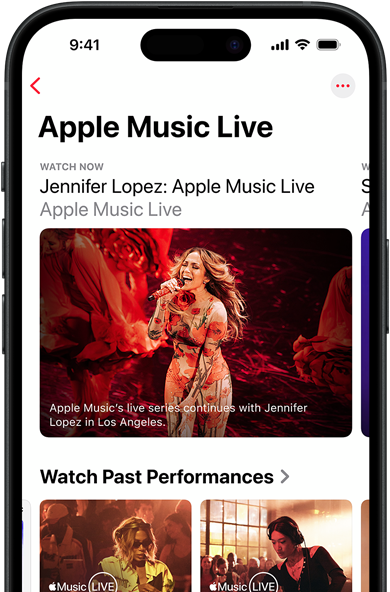 Apple Music Live screen on iPhone showing Watch Now, past performances and exclusive content like Apple Music 100 Best Albums