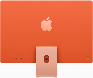 오렌지 색상 iMac의 후면 모습. Apple 로고가 스탠드 위로 중앙 정렬되어 있습니다.