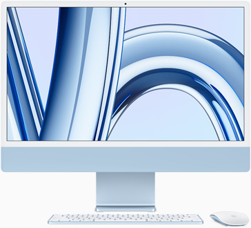 화면이 정면을 향하고 있는 블루 색상 iMac의 모습.