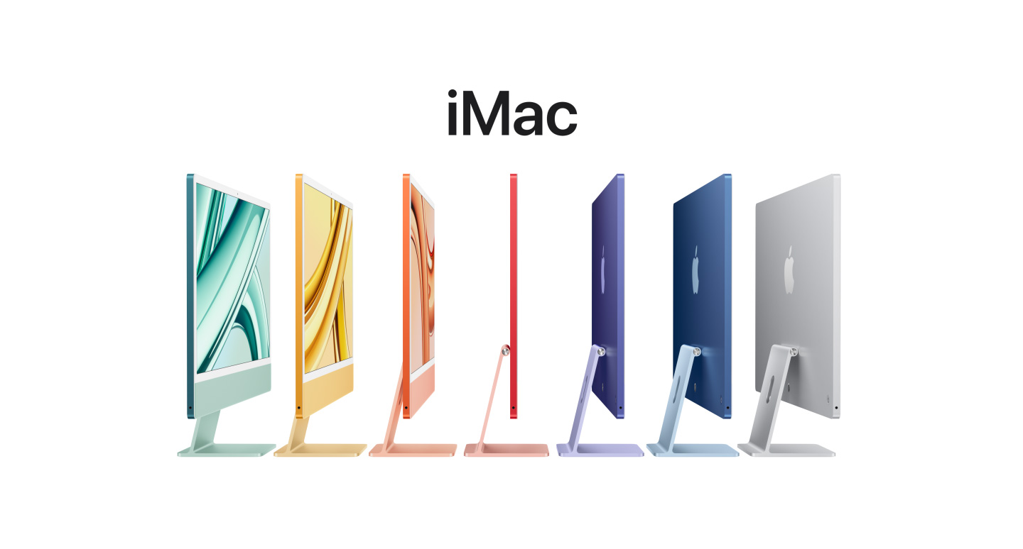 صورة تعرض صفاً من أجهزة iMac مقاس 24 إنش باللون الأخضر والأصفر والبرتقالي والوردي والليلكي والأزر�� والفضي، ويظهر شعار Apple على ظهر الشاشة