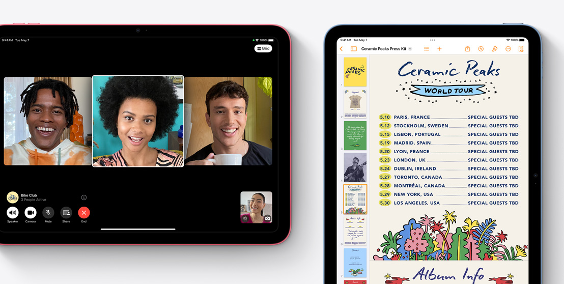 Two iPads shown, one showcasing a FaceTime video call and the other featuring the Pages app.