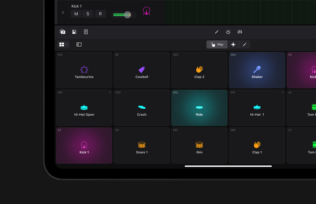 Close up of a customized drum pad in Logic Pro for iPad on iPad Pro