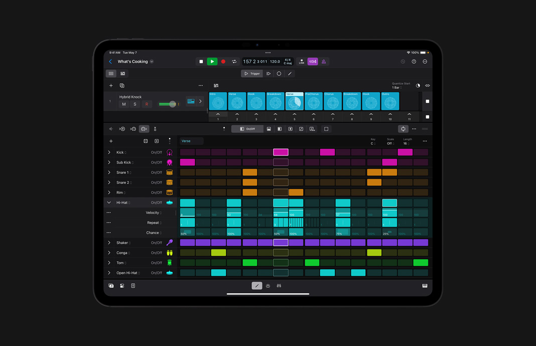 Interface de usuário do Step Sequencer no Logic Pro para iPad.