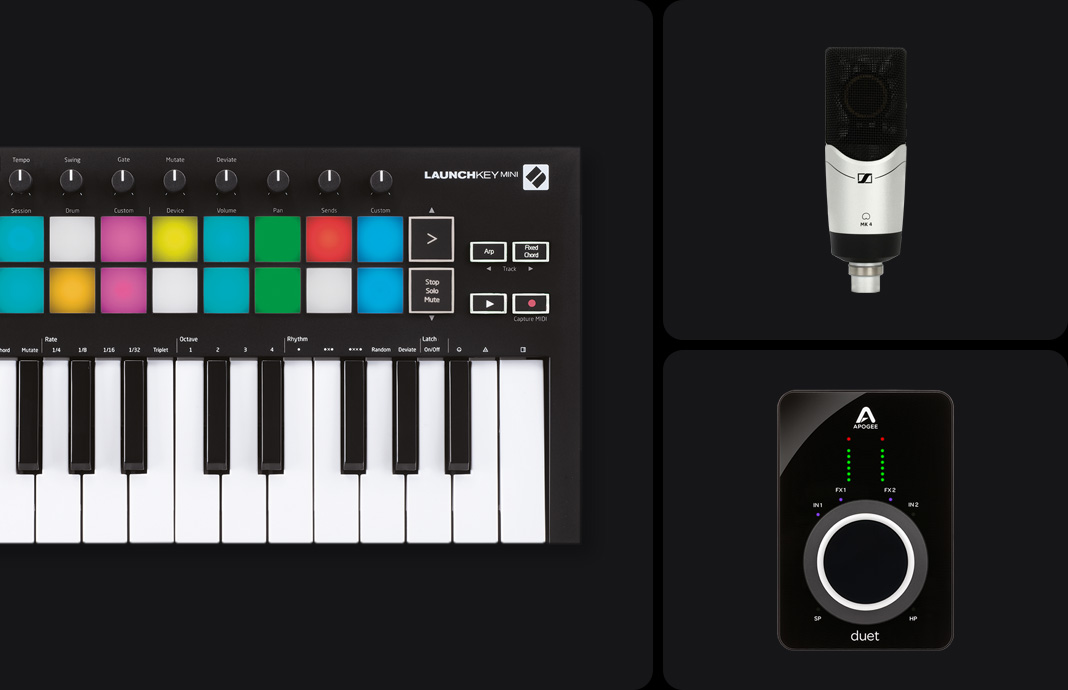 A pro recording studio setup including speakers, monitor, audio interface, headphones, piano, keyboard, mouse and iPad is shown on desk. The desktop display shows a full project view in Logic Pro and the iPad screen shows the mixing console in Logic Pro for iPad.