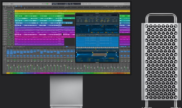 Mac Pro 옆의 디스플레이에 대규모 멀티트랙 Logic Pro 프로젝트가 표시된 모습.