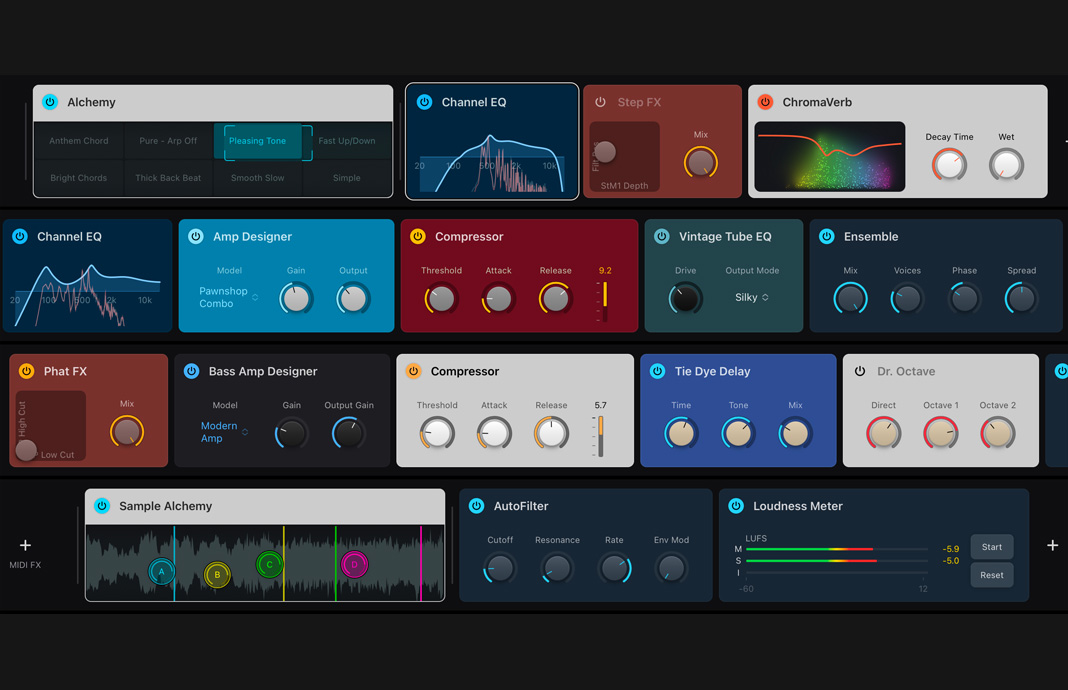 Conjunto de plugins modulares do Logic Pro no iPad Pro.