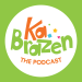 A white circle on a green background with the words "KaBrazen THE PODCAST" written in green and orange blocky letters. Small colorful shapes are scattered across the upper right.