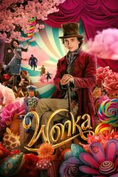 Wonka Movie Poster: Timothee Chalamet, as Willy Wonka, sits amid a colorful landscape of flowers, candy, and small images of other characters