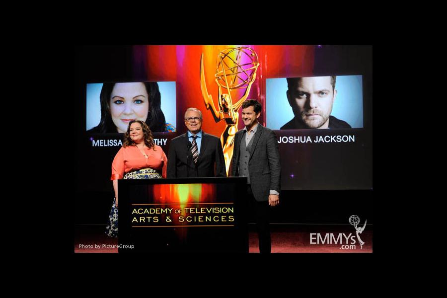 Melissa McCarthy, John Shaffner and Joshua Jackson at the 63rd Primetime Emmy Awards Nominations Ceremony