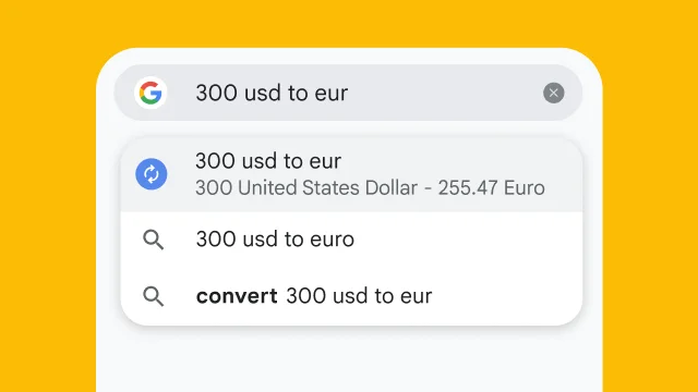 A user typed “300 usd to eur” into Chrome's address bar and it has instantly generated results.