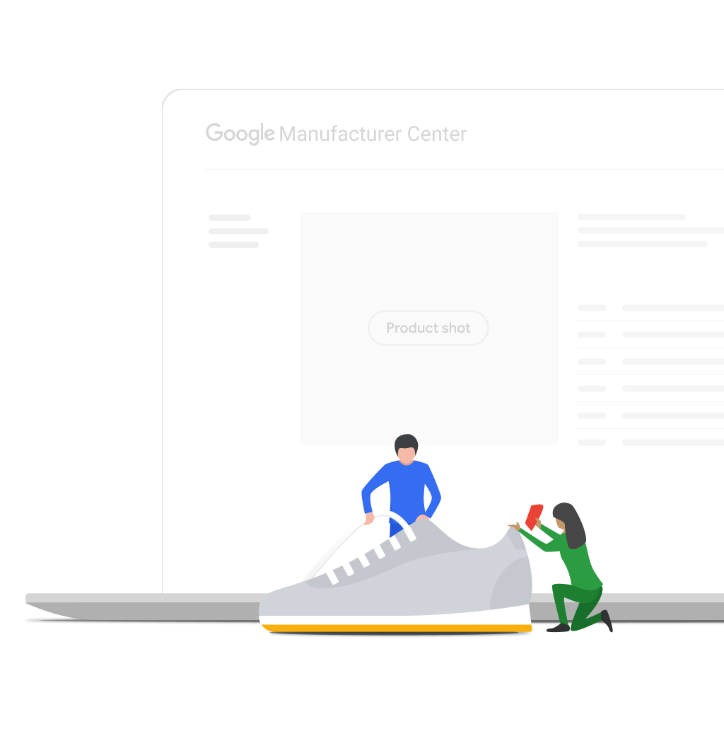 Two illustrated figures work together to design and make a sneaker, with a laptop opened up behind them featuring the Google Manufacturer Center user interface.