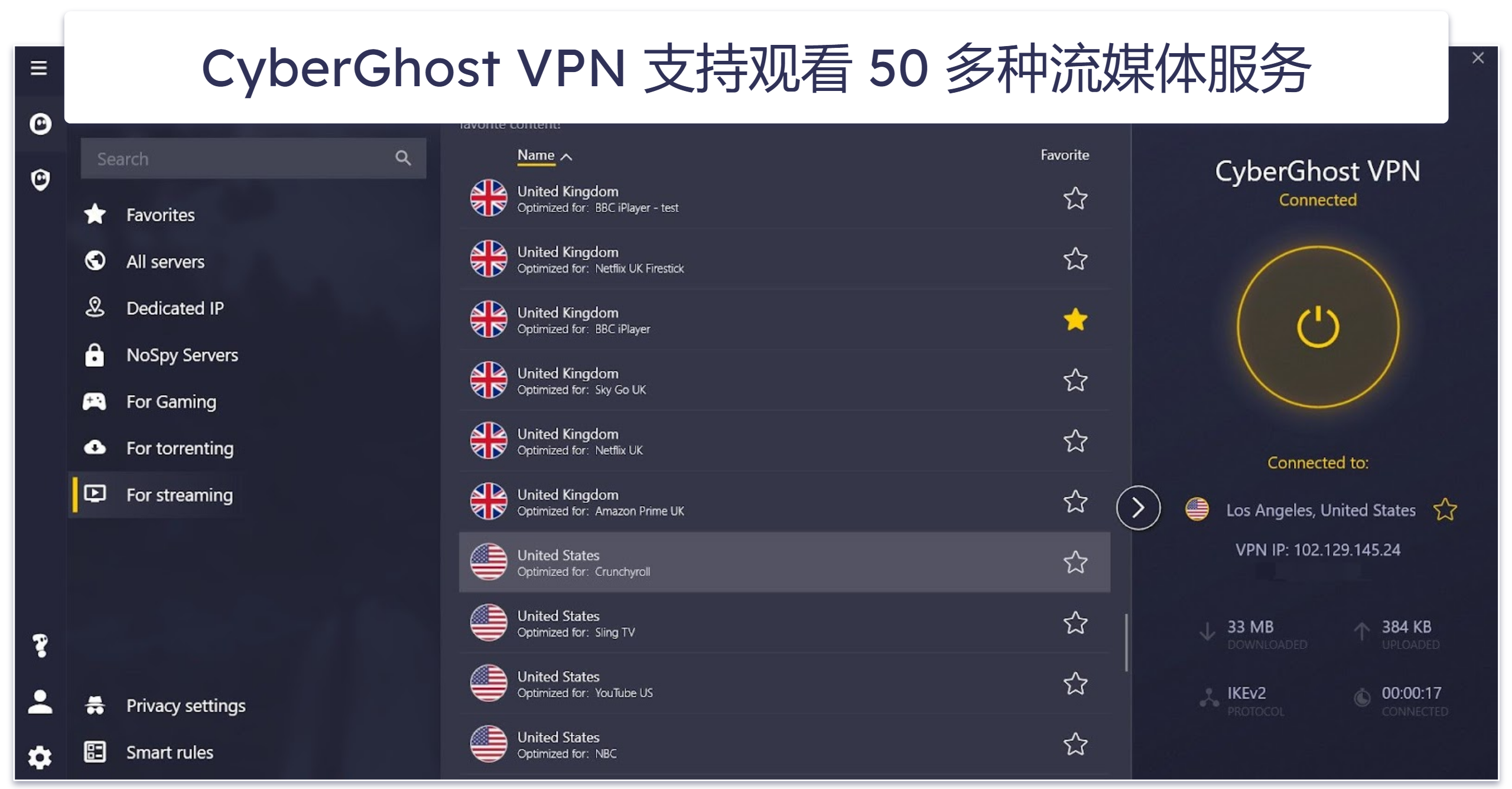 🥈2. CyberGhost VPN：出色的流媒体 VPN（提供免费试用和 45 天退款保证）