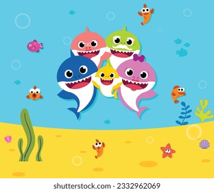 Baby shark birthday greeting card template. Shark cards. Birthday invite, happy child party in ocean style Stock Vector