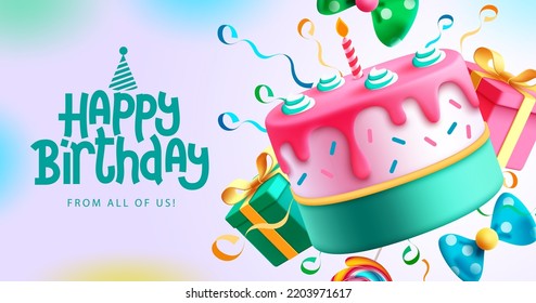 Birthday cake vector background design. Happy birthday greeting text with yummy cake element decoration for kids party occasion. Vector Illustration.
 Stock Vector