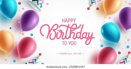 Birthday greeting vector background design. Happy birthday to you text with colorful balloons and party hat elements for kids birth day party messages. Vector illustration.
 Stock Vector