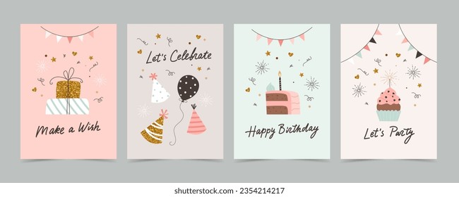 Happy birthday card set with cake, balloons and calligraphy. Cute and elegant vector illustration templates in simple style Stock Vector