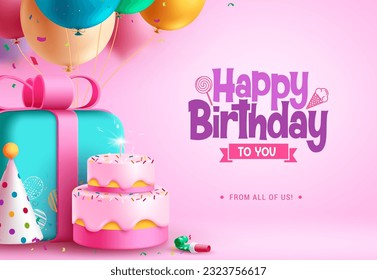 Happy birthday text vector design. Birthday typography with gift box, cake, balloons and party hat colorful elements decoration. Vector illustration dedication template background. Stock Vector