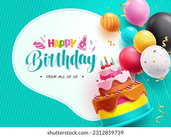 Happy birthday text vector template. Happy birthday greeting with cake and balloon elements. Vector illustration invitation card design.  Stock Vector