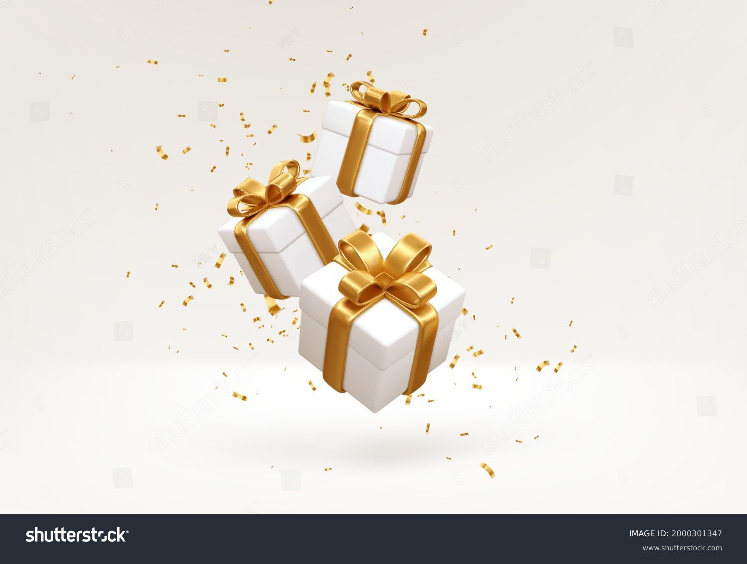Merry New Year and Merry Christmas 2022 white gift boxes with golden bows and gold sequins confetti on white background. Gift boxes flying and falling. Vector illustration EPS10 Stock Vector