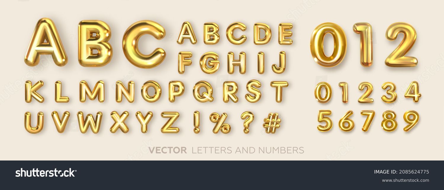 Set of gold isolated alphabet letters and numbers. Gold yellow metallic letter. Alphabetical font. Foil symbol. Bright metallic 3D, realistic vector illustration Stock Vector