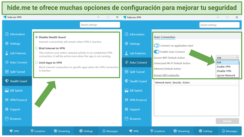 Screenshot of hideme's Windows app displaying a range of security settings