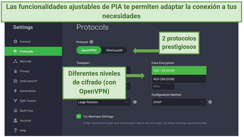 PIA's Windows app displaying different protocol and encryption settings