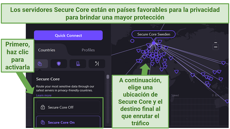 ProtonVPN's Windows app displaying Secure Core locations from Sweden