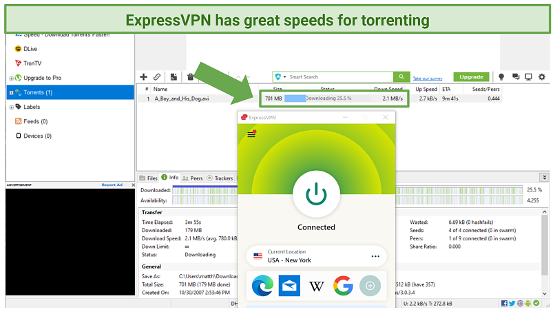 Screenshot of Utorrent downloading A Boy and His Dog while connected to ExpressVPN