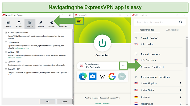 Screenshot of ExpressVPN Windows app showing the home screen, server list, and options page