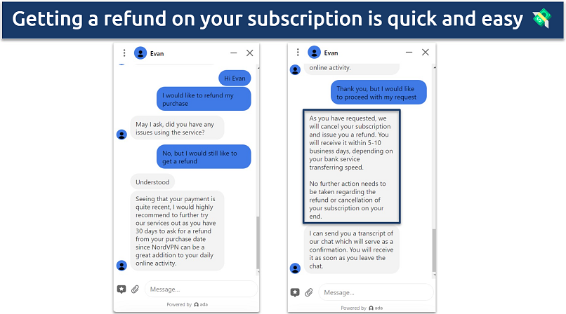Screenshot of conversation with NordVPN live chat support agent requesting a refund during the 30-day guarantee period