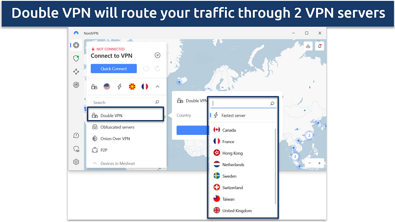 Screenshot of NordVPN's Windows app showing the Double VPN servers