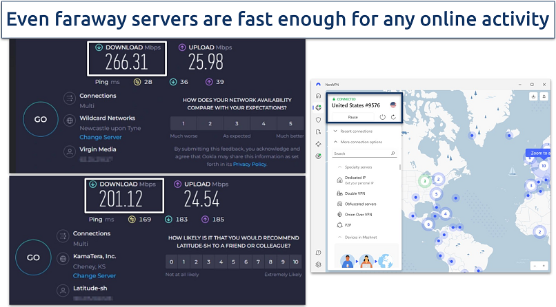 Screenshot of NordVPN's long distance speed test results on speedtest.net