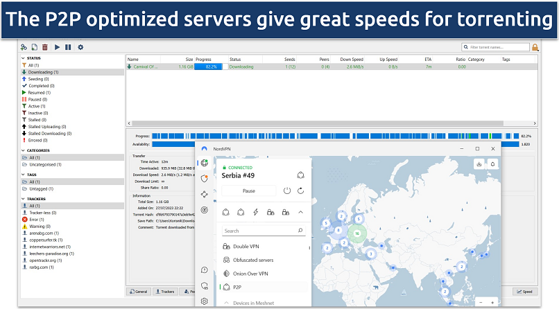 Screenshot of NordVPN torrenting a public domain movie on qBittorrent