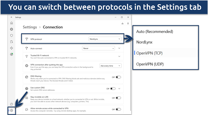 Screenshot of NordVPN's protocol settings