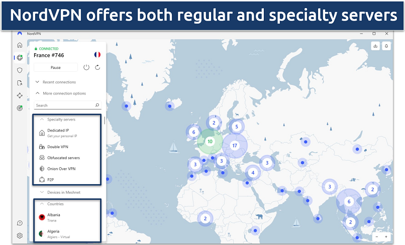 Screenshot of NordVPN's Windows app highlighting the specialty and regular servers