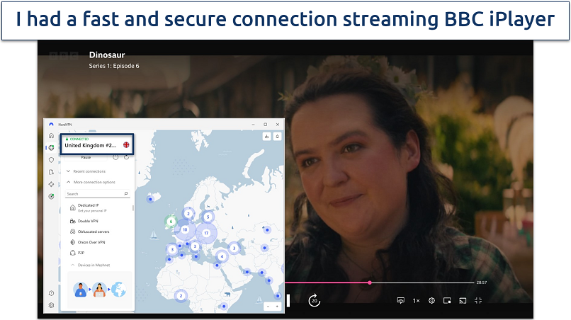 Screenshot of NordVPN UK server streaming BBC iPlayer