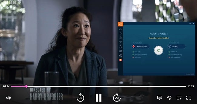 Screenshot of Killing Eve playing on BBC iPlayer while Ivacy is connected to a server in the UK