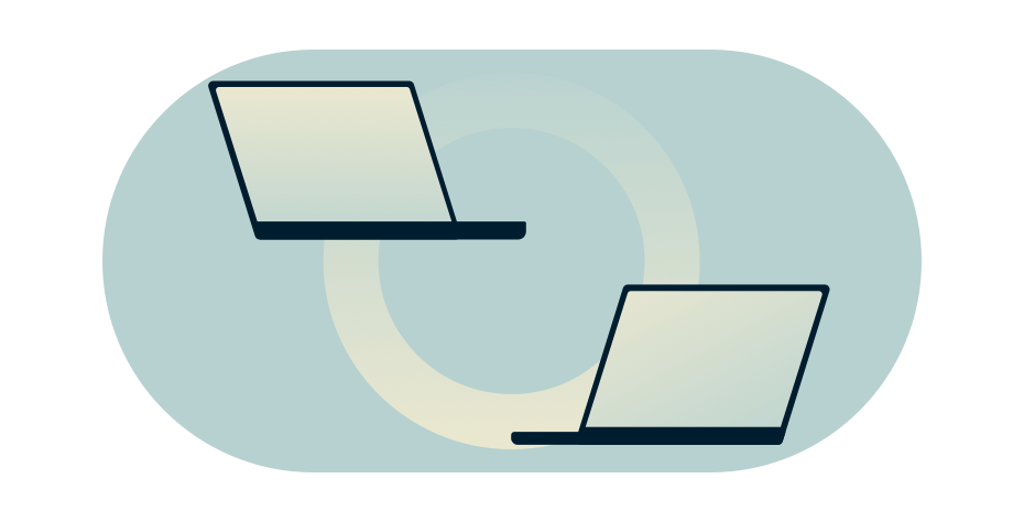 Two computer monitors linked by a gradient circle.