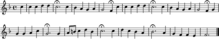 
\new Staff <<
\clef treble
\new Voice = "Soprano"
  { \key f \major \tempo 4=108 \set Staff.midiInstrument = "oboe" {
      \set Score.tempoHideNote = ##t
      \override Score.BarNumber #'transparent = ##t
      \time 4/4
      \relative c'' { \partial 4 c | c4 c d d | c2.\fermata c4 | bes a g a | g2 f4\fermata }
      \relative c'' { \partial 4 c | c4 c d d | c2.\fermata c4 | bes a g a | g2 f4\fermata }
      \relative c'' {
      g4 | g g a c | g2.\fermata g4 | a8 b c4 d b | c2.\fermata c4 | d c bes a | bes2.\fermata a4 | g f f e | f2. \bar "|."
      }
    }
  }
>>
