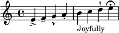 
  \relative c' {
  e-> f-- g-^ a-.
  b_"Joyfully" c^"渐强" d-! e\fermata
  }
