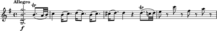 
\relative c' {
 \override Score.NonMusicalPaperColumn #'line-break-permission = ##f
 \tempo "Allegro"
 \key g \major
 <g d' b' g'>2.\f b'8.\trill(a32 b) |
 c4 b16(c8.) d16(c8.) b16(c8.) |
 cis16(d8.) d4 r d8.\trill(c32 d) |
 e8 r c' r fis, r a r |
}
